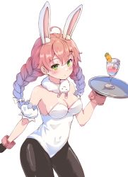 Rule 34 | 1girl, ahoge, alternate hairstyle, animal ear fluff, animal ears, breasts, cleavage, cosplay, cup, don-chan (usada pekora), drinking glass, green eyes, highres, holding, holding tray, hololive, pantyhose, pink hair, rabbit ears, sakura miko, solo, tmo-cat, tray, usada pekora, usada pekora (1st costume), usada pekora (cosplay), virtual youtuber, white background