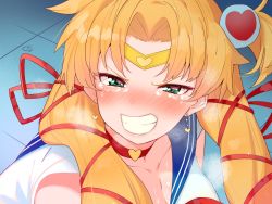 Rule 34 | 1girl, absurdres, akai haato, angry, bishoujo senshi sailor moon, blonde hair, blush, breasts, breath, choker, circlet, cleavage, clenched teeth, commentary, cosplay, crying, crying with eyes open, derivative work, earrings, green eyes, hair bobbles, hair ornament, hair ribbon, half-closed eyes, heart, heart earrings, heavy breathing, highres, hololive, jewelry, long hair, looking at viewer, medium breasts, meme, parted bangs, red choker, red ribbon, ribbon, sailor collar, sailor moon, sailor moon (cosplay), sailor moon redraw challenge (meme), shirt, side ponytail, solo, sweat, tears, teeth, tile floor, tiles, tonarikeru, upper body, virtual youtuber, white shirt