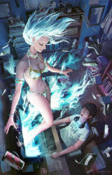 Rule 34 | 1boy, 1girl, armlet, bare shoulders, bikini, black hair, blue fire, book, bookshelf, bracelet, breasts, calculator, can, cleavage, closed eyes, collar, commentary request, computer, controller, drink can, earrings, energy, fantasy, figure, fire, floating hair, from above, game controller, glasses, glowing, gold trim, halterneck, headphones, headphones around neck, highres, indoors, jewelry, computer keyboard, long hair, looking up, magic, medium breasts, monitor, navel, noba, open mouth, original, paper, picture frame, revealing clothes, shirt, sitting, smile, soda can, swimsuit, through medium, through screen, white bikini, white hair, white shirt