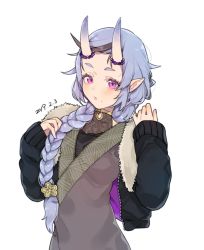 Rule 34 | 1girl, alternate costume, bangs pinned back, black jacket, blue hair, blush, braid, brown dress, commentary, dress, fur trim, hair ornament, horns, jacket, long hair, long sleeves, looking at viewer, mole, mole under mouth, nijisanji, oni, parted lips, pointy ears, purple eyes, rindou mikoto, sasha f, scrunchie, see-through, short eyebrows, skin-covered horns, solo, thick eyebrows, virtual youtuber