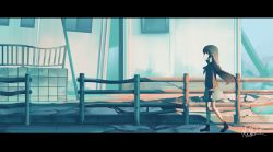 Rule 34 | 1girl, black hair, blue theme, building, commentary request, fence, hakuurei amano, highres, letterboxed, long hair, original, outdoors, ruins, scenery, shadow, solo, walking, watermark, window