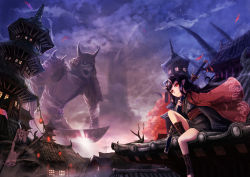 Rule 34 | 1girl, cape, fantasy, giant, horns, japanese clothes, katana, kimono, looking at viewer, monster, namacotan, oni, original, pointy ears, red eyes, sword, weapon