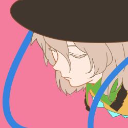 Rule 34 | 1girl, amino (tn7135), black hat, closed eyes, collar, from above, from side, hair between eyes, hat, komeiji koishi, pink background, short hair, silver hair, solo, touhou