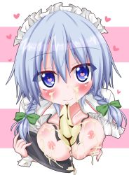 Rule 34 | 1girl, banana, between breasts, blue eyes, blush, breasts, breasts out, food, fruit, heart, heart-shaped pupils, highres, izayoi sakuya, maid headdress, medium breasts, nipples, oden (th-inaba), sexually suggestive, silver hair, solo, symbol-shaped pupils, touhou, tray