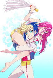 Rule 34 | 1boy, 1girl, ass, barefoot, blonde hair, blue eyes, blue hair, bracelet, carrying, carrying over shoulder, dolphin shorts, dyed bangs, gloves, gradient background, grin, hair down, hand fan, harisen, hiiragi yuzu, jacket, jewelry, jumpsuit, liusang, multicolored hair, pink hair, short shorts, shorts, shoulder carry, smile, two-tone hair, yu-gi-oh!, yu-gi-oh! arc-v, yugo (yuu-gi-ou arc-v), yuugo (yu-gi-oh!)
