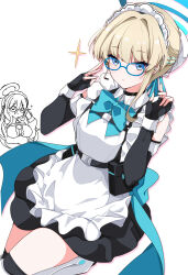 Rule 34 | 2girls, apron, bespectacled, black dress, black gloves, blonde hair, blue archive, blue eyes, blue ribbon, blush, bow, bowtie, braid, breasts, bun cover, chest harness, commentary, dress, earpiece, fingerless gloves, french braid, glasses, gloves, hair bun, hair ribbon, halo, harness, highres, juliet sleeves, long sleeves, looking at viewer, maid headdress, multiple girls, mutou kurihito, pouch, puffy sleeves, ribbon, short hair, single hair bun, small breasts, solo focus, sparkle, thighs, toki (blue archive), white apron