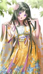 Rule 34 | 1girl, :d, absurdres, bead necklace, beads, black hair, blunt bangs, blurry, blush, braid, chinese clothes, duijin ruqun, floral print, flower, green hair, hair flower, hair ornament, hair ribbon, hands up, hanfu, head tilt, highres, japanese clothes, jewelry, kimono, leaf, lfdy, long hair, long sleeves, looking at viewer, necklace, open mouth, purple eyes, purple ribbon, ribbon, sash, side braid, single braid, smile, solo, upper body, very long hair, white flower, wide sleeves