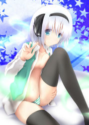 Rule 34 | 1girl, absurdres, black ribbon, black thighhighs, blue eyes, breasts, collarbone, evandragon, eyes visible through hair, green panties, green vest, hair between eyes, hair ribbon, hairband, highres, konpaku youmu, long sleeves, looking at viewer, navel, no bra, open clothes, open shirt, open vest, panties, ribbon, shirt, short hair, silver hair, sitting, small breasts, smile, solo, star (symbol), starry background, striped clothes, striped panties, thighhighs, thighs, topless, touhou, underwear, vest, white panties, white shirt