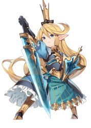 Rule 34 | 10s, 1girl, armor, armored boots, armored dress, blonde hair, blue eyes, blush, boots, breastplate, charlotta (granblue fantasy), crown, dress, eyebrows, frilled dress, frills, frown, full body, gauntlets, granblue fantasy, hair between eyes, harvin, long hair, parsley-f, planted, planted sword, planted weapon, pointy ears, puffy short sleeves, puffy sleeves, shield, short sleeves, simple background, solo, standing, sword, weapon, white background