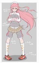 Rule 34 | 1girl, blush, braid, breasts, brown skirt, closed mouth, crossed arms, eyebrows, full body, ina (gokihoihoi), kneehighs, large breasts, long hair, looking at viewer, original, pink hair, red footwear, shoes, shorts, skirt, smile, sneakers, socks, solo, standing, sunglasses, translation request, very long hair, white socks