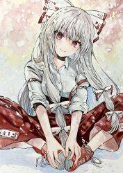 Rule 34 | 1girl, bow, butterfly sitting, closed mouth, collared shirt, commentary request, cross-laced footwear, fujiwara no mokou, full body, grey eyes, grey shirt, hair bow, hands on own feet, head tilt, highres, long hair, looking at viewer, ofuda, ofuda on clothes, on ground, pants, red bow, red eyes, red footwear, red pants, shirt, shoes, sitting, sleeves rolled up, smile, solo, suspenders, suspenders slip, touhou, very long hair, white bow, yuzugoori