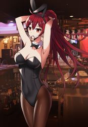 Rule 34 | 1girl, absurdres, adjusting hair, animal ears, arms up, bare arms, bare shoulders, black bow, black bowtie, black leotard, bow, bowtie, breasts, brown pantyhose, cleavage, commentary request, covered navel, detached collar, dot nose, elesis (elsword), elsword, fake animal ears, fake tail, hair tie in mouth, high ponytail, highleg, highleg leotard, highres, indoors, leotard, looking afar, medium breasts, mouth hold, naze236, pantyhose, playboy bunny, rabbit tail, red eyes, red hair, solo, strapless, strapless leotard, tail