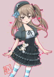 Rule 34 | 1girl, artist name, beret, black dress, black jacket, black ribbon, blue leotard, blue ribbon, blush, boko (girls und panzer), brown eyes, commentary, dress, emblem, frilled dress, frilled sleeves, frills, girls und panzer, girls und panzer senshadou daisakusen!, grey background, grey hat, hair ribbon, hat, hat ribbon, heart, highres, jacket, japanese tankery league (emblem), layered dress, leotard, light brown hair, long hair, looking at viewer, one side up, open mouth, ribbon, shimada arisu, short dress, signature, simple background, smile, solo, sparkle, standing, striped clothes, striped thighhighs, stuffed animal, stuffed toy, t k, teddy bear, thighhighs, tilted headwear