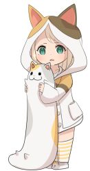 Rule 34 | 1girl, :o, animal, animal hood, blonde hair, breasts, cat, cat hood, cat slippers, fat cat (ff14), final fantasy, final fantasy xiv, full body, green eyes, highres, holding, holding animal, holding cat, hood, lalafell, long hair, longcat (meme), looking at viewer, meme, shelldy, shirt, simple background, small breasts, socks, solo, striped clothes, striped socks, white shirt