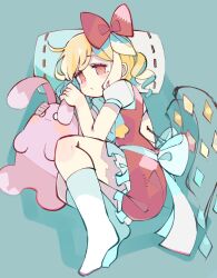 Rule 34 | 1girl, :/, back bow, baron (x5qgeh), blonde hair, blush stickers, bow, closed mouth, commentary, cushion, flandre scarlet, frilled skirt, frills, from above, full body, hair bow, highres, looking at viewer, lying, on side, puffy short sleeves, puffy sleeves, red bow, red eyes, red shirt, red skirt, shirt, short hair, short sleeves, skirt, socks, solo, stuffed animal, stuffed rabbit, stuffed toy, touhou, white bow, white shirt, white socks