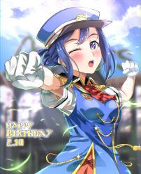 Rule 34 | 1girl, absurdres, alternate hairstyle, arms at sides, artist request, ascot, blue hair, blue hat, blush, collared dress, conductor, dress, earrings, epaulettes, feathers, female focus, from side, gloves, hair bun, hair up, happy party train, hat, highres, jewelry, looking at viewer, love live!, love live! sunshine!!, matsuura kanan, open mouth, purple eyes, red ascot, short sleeves, sidelocks, single hair bun, solo, whistle, white feathers, white gloves