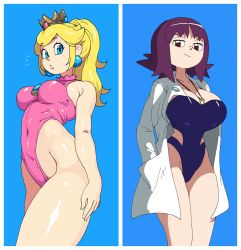 Rule 34 | 2girls, black eyes, black hair, black one-piece swimsuit, blonde hair, blue background, blue eyes, breasts, cleavage, covered navel, cowboy shot, creatures (company), crossover, crown, earrings, game freak, hands in pockets, highleg, highleg swimsuit, highres, jacket, jewelry, large breasts, long hair, looking at viewer, mario &amp; sonic at the olympic games, mario (series), medium breasts, medium hair, multiple girls, nintendo, one-piece swimsuit, philena ivy, pink one-piece swimsuit, pokemon, pokemon (anime), pokemon (classic anime), ponytail, princess peach, shadow, simple background, sphere earrings, swimsuit, white jacket, yuta agc