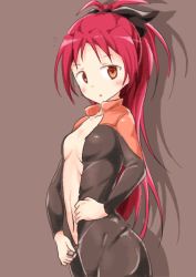 Rule 34 | 10s, 1girl, :o, ^^^, black bow, blush, bodysuit, bow, breasts, brown background, cleavage, collar, collarbone, hair bow, hand on own hip, highres, long hair, looking at viewer, mahou shoujo madoka magica, mahou shoujo madoka magica (anime), nagatani (nagata2), navel, orange eyes, parted lips, ponytail, red hair, sakura kyoko, silhouette, simple background, skin tight, small breasts, solo, standing, stomach, surprised, tareme, unzipping, very long hair, zipper