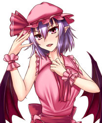 Rule 34 | 1girl, aged up, ascot, bad id, bad pixiv id, bare arms, bare shoulders, bat wings, breasts, dress, fingernails, hair ribbon, hat, highres, hot, large breasts, lips, long fingernails, mob cap, nail polish, pink dress, pink nails, pointy ears, purple hair, red eyes, remilia scarlet, ribbon, sash, simple background, sleeveless, sleeveless dress, solo, sweat, touhou, white background, wings, wrist cuffs, zellam