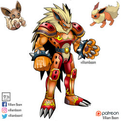 Rule 34 | 1boy, :3, armor, artist name, blonde hair, blue eyes, bracelet, claws, commentary, creatures (company), digimon, digimon (creature), eevee, english commentary, flareon, full body, game freak, gen 1 pokemon, highres, jewelry, long hair, muscular, muscular male, nintendo, parody, pokemon, reference inset, solo, spiked bracelet, spikes, style parody, tail, twitter logo, very long hair, villiam boom, white background, yellow eyes