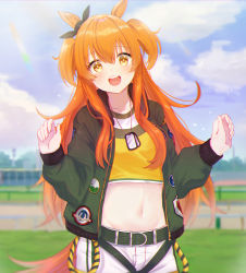 Rule 34 | 1girl, absurdres, animal ears, belt, blue sky, breasts, cloud, hair ribbon, highres, horse ears, horse girl, horse tail, jacket, long hair, looking at viewer, mayano top gun (umamusume), medium breasts, open clothes, open mouth, orange eyes, orange hair, outdoors, ribbon, shorts, sky, smile, solo, stomach, tail, twintails, umamusume, vest, zapik