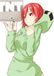 Rule 34 | 1girl, :o, box, creeparka, creeper, explosive, highres, hood, hoodie, minecraft, niwatazumi, personification, red eyes, red hair, short hair, sketch, solo, tnt, tnt block (minecraft), translation request
