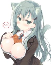 Rule 34 | 10s, 1girl, animal ears, aqua hair, ascot, blazer, blush, breast suppress, breasts, breasts out, brown jacket, buttons, cat ears, cat tail, collared shirt, colored eyelashes, downblouse, dress shirt, extra ears, hair ornament, hairclip, half-closed eyes, hand on breast, highres, jacket, kantai collection, kemonomimi mode, large breasts, long hair, long sleeves, looking at viewer, miko (royal milk), nipples, open clothes, open shirt, partially unbuttoned, pleated skirt, pout, shiny skin, shirt, simple background, skirt, solo, spoken blush, suzuya (kancolle), tail, upper body, white shirt