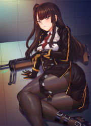 Rule 34 | black footwear, black gloves, black pantyhose, black skirt, brown eyes, brown hair, bullpup, closed mouth, collared shirt, commentary request, framed breasts, genshi, girls&#039; frontline, gloves, gun, hair ribbon, half updo, high-waist skirt, long hair, necktie, one side up, pantyhose, red necktie, red ribbon, ribbon, rifle, shirt, sitting, skirt, sniper rifle, solo, strap, tsurime, wa2000 (girls&#039; frontline), walther, walther wa 2000, weapon