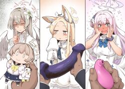 Rule 34 | 1boy, 3girls, animal, animal ear fluff, animal ears, animal on head, bird, bird on head, blonde hair, blue archive, blush, capelet, closed eyes, closed mouth, dildo, dress, finger to mouth, flower, full-face blush, grey hair, hair flower, hair ornament, halo, hands on own cheeks, hands on own face, hifumi (blue archive), holding, holding sex toy, long hair, long sleeves, mika (blue archive), multiple girls, nagisa (blue archive), on head, open mouth, pink hair, pov, pov hands, scrunchie, seia (blue archive), sex toy, shaded face, shushing, sleeves past fingers, sleeves past wrists, toritora, white capelet, white dress, white wings, wings, wrist scrunchie, yellow eyes