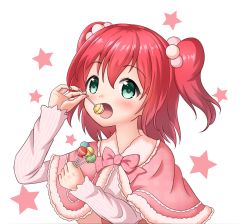 Rule 34 | 10s, 1girl, bow, bowtie, candy, capelet, dress, eating, food, green eyes, hair bobbles, hair ornament, holding, holding food, kurosawa ruby, lollipop, love live!, love live! sunshine!!, okome (pusasutikku), pink bow, pink bowtie, red hair, solo, star (symbol), striped, striped sleeves, two side up