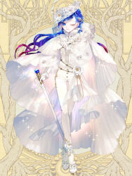 Rule 34 | 1boy, ;), alba alfurira, androgynous, ankle boots, blue eyes, blue hair, boots, braid, cane, chain belt, cloak, closed mouth, crossed legs, crystal hair, dairoku ryouhei, dangle earrings, diagonal bangs, earrings, feathers, flower, flower ornament, french braid, frilled shirt collar, frills, full body, gloves, gradient hair, hair behind ear, hair ornament, half gloves, hat, hat flower, high-waist pants, holding, holding cane, index finger raised, jewelry, lace, lace headwear, leaf hair ornament, long hair, long sleeves, looking at viewer, male focus, multicolored hair, one eye closed, pants, puffy long sleeves, puffy sleeves, red hair, see-through, see-through sleeves, shirt, shizuya (szy tw), shoe flower, single earring, smile, solo, sparkle, standing, star (symbol), star earrings, tilted headwear, veil, vest, waist cape, watson cross, wavy hair, white cloak, white feathers, white flower, white footwear, white gloves, white hat, white pants, white shirt, white veil, white vest, yellow background
