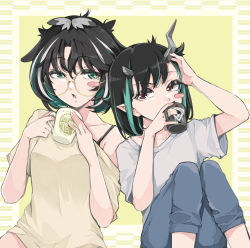 Rule 34 | 2girls, nanashi inc., absurdres, alternate costume, animare, black hair, blue hair, blue pants, breasts, closed mouth, coffee mug, commentary request, cup, demon girl, demon horns, eye of providence, feet out of frame, flat chest, glasses, hair between eyes, highres, horns, looking at viewer, medium breasts, mug, multicolored hair, multiple girls, off shoulder, open mouth, oura rukako, pants, panyatteria, pointy ears, red eyes, round eyewear, shirt, shishio chris, short hair, short sleeves, streaked hair, sugar lyric, two-tone hair, virtual youtuber, white hair, white shirt, yellow shirt