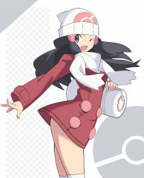 Rule 34 | 1girl, ;d, bag, beanie, black eyes, black hair, coat, creatures (company), dawn (pokemon), dawn (pokemon platinum), from side, game freak, hat, highres, leaning forward, long hair, long sleeves, looking at viewer, looking to the side, md5 mismatch, nintendo, no panties, no pants, one eye closed, open mouth, outstretched arm, poke ball symbol, pokemon, pokemon dppt, pokemon platinum, red coat, resolution mismatch, sakuraidai, scarf, shoulder bag, smile, solo, source larger, standing, thighhighs, white hat, white scarf, white thighhighs