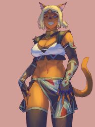 Rule 34 | 1girl, absurdres, adventurer (ff11), animal ears, black gloves, blonde hair, blue eyes, breasts, cat ears, cat girl, cat tail, circlet, cleavage, cowboy shot, dark-skinned female, dark skin, elbow gloves, fangs, final fantasy, final fantasy xi, fingerless gloves, fingernails, gloves, grin, hands on own thighs, highres, legs apart, loincloth, medium breasts, mithra (ff11), navel, no eyebrows, one eye closed, parted bangs, pink background, short twintails, simple background, smile, solo, standing, tail, tail raised, teeth, twintails, yuccoshi
