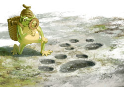 Rule 34 | artist name, basket, day, frog, hachiya shohei, hat, highres, holding, holding magnifying glass, magnifying glass, no humans, on one knee, original, outdoors, paw print