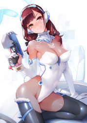 Rule 34 | 1girl, animal ear headphones, animal ears, arm support, armpits, ataruman, black ribbon, black thighhighs, blush, breasts, brown eyes, brown hair, chromatic aberration, cleavage, closed mouth, collar, d.va (overwatch), detached sleeves, elbow gloves, facepaint, facial mark, fake animal ears, gloves, gun, hair over shoulder, hair ribbon, handgun, head tilt, headphones, hexagon, highres, holding, holding gun, holding weapon, kneeling, leotard, long hair, long sleeves, looking at viewer, low twintails, medium breasts, overwatch, overwatch 1, playboy bunny, rabbit ear headphones, rabbit ears, reclining, ribbon, see-through, shiny clothes, simple background, skin tight, skindentation, smile, smug, solo, strapless, strapless leotard, thighhighs, trigger discipline, twintails, weapon, whisker markings, white background, white leotard