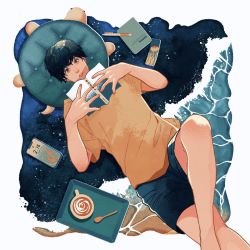 Rule 34 | 1boy, animal-shaped pillow, black hair, book, cup, from above, highres, itou shizu, knee up, lying, male focus, mug, night, night sky, notebook, on back, open book, original, pencil, phone, reading, shorts, sky, solo, space, spoon, tray, turtle, water, waves