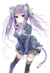 Rule 34 | 1girl, animal ears, black thighhighs, breasts, cat ears, cat girl, cat tail, covering privates, covering crotch, female focus, green eyes, highres, kakao (chocolate land), large breasts, long sleeves, necktie, open m/, original, purple hair, ribbon, school uniform, skirt, solo, tail, tail ornament, tail ribbon, thighhighs, twintails, yukaribe setsuko, zettai ryouiki