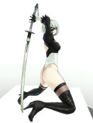 Rule 34 | 1girl, ass, black footwear, black thighhighs, blindfold, blindfold slip, blue eyes, boots, high heel boots, high heels, highleg, highleg leotard, highres, kneeling, leotard, looking at viewer, mole, mole under mouth, nier (series), nier:automata, one eye covered, satou (gazelle), silver hair, solo, sword, thigh boots, thighhighs, weapon, 2b (nier:automata)