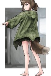 Rule 34 | 1girl, :&lt;, absurdres, animal ear fluff, animal ears, barefoot, brown eyes, brown hair, closed mouth, commentary request, fox ears, fox girl, fox girl (yihan1949), fox tail, green jacket, green shorts, highres, hood, hood down, hooded jacket, jacket, long sleeves, looking at viewer, looking back, open clothes, open jacket, original, outstretched arm, puffy long sleeves, puffy sleeves, short shorts, shorts, soles, solo, standing, tail, window, yihan1949, yihan world
