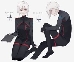 Rule 34 | 1girl, 1yym, ariane yeong, bodysuit, book, dress, highres, looking at viewer, red eyes, short hair, signalis, simple background, smile, solo, uniform, white hair