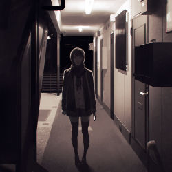 Rule 34 | 1girl, argyle, arms at sides, bad id, bad tumblr id, black thighhighs, brown hair, building, buttons, ceiling light, cellphone, clenched hand, coat, commentary, despair, door, door handle, full body, glowing, holding, holding phone, horror (theme), ilya kuvshinov, light, lips, miniskirt, monochrome, night, original, outdoors, phone, scarf, sepia, shadow, short hair, skirt, smile, solo, standing, thighhighs, waiting, zettai ryouiki