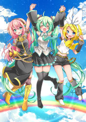 Rule 34 | 3girls, aqua hair, aqua necktie, armband, arms up, asymmetrical sleeves, bare shoulders, belt, black legwear, black skirt, blonde hair, blue eyes, blue sky, blush, boots, bow, breasts, closed eyes, cloud, cloudy sky, commentary, cross-laced footwear, detached sleeves, full body, gold trim, hair bow, hair ornament, hatsune miku, headphones, holding hands, jumping, kagamine rin, kawanobe, knee boots, lace-up boots, leg up, leg warmers, long hair, looking at viewer, medium breasts, megurine luka, midriff, multiple girls, neckerchief, necktie, open mouth, pink hair, rainbow, shirt, short hair, short shorts, shorts, skirt, sky, sleeveless, sleeveless shirt, smile, sparkle, straight hair, thighhighs, thighhighs under boots, twintails, uneven sleeves, very long hair, vocaloid, white bow, yellow footwear, yellow neckwear, zettai ryouiki