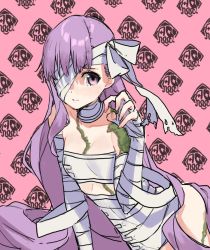 Rule 34 | 1girl, bandage over one eye, bandaged arm, bandaged head, bandages, bare shoulders, blush, breasts, closed mouth, fate/extra, fate/extra ccc, fate (series), hand up, kingprotea (fate), long hair, looking at viewer, moss, naked bandage, pink background, purple eyes, purple hair, small breasts, solo, teshima nari, very long hair