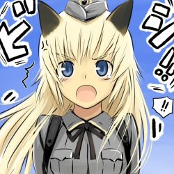 Rule 34 | 1girl, angry, animal ears, backpack, bag, blonde hair, blue eyes, hat, helma lennartz, open mouth, randoseru, sandwich (artist), solo, strike witches, strike witches: suomus misfits squadron, tears, tsuchii (ramakifrau), uniform, veins, world witches series