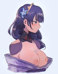 Rule 34 | 1girl, blue flower, blush, breasts, breasts out, clothes down, cropped torso, flower, genshin impact, hair flower, hair ornament, half-closed eyes, highres, japanese clothes, kimono, kokomi (aniesuakkaman), large breasts, long hair, looking down, low-braided long hair, low-tied long hair, mole, mole under eye, nipples, purple eyes, purple hair, purple kimono, raiden shogun, solo, sweat, upper body, white background