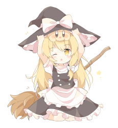 Rule 34 | 1girl, :o, apron, arms up, black dress, black hat, blonde hair, blush, bow, broom, dress, frilled dress, frills, hair bow, hair ornament, hat, hat bow, highres, holding, holding clothes, holding hat, kirby, kirby (series), kirisame marisa, knees, long hair, nanagi, nintendo, one eye closed, open mouth, seiza, shirt, short sleeves, simple background, sitting, skirt, solo, star (symbol), touhou, waist apron, white background, white bow, white shirt, witch hat, yellow eyes