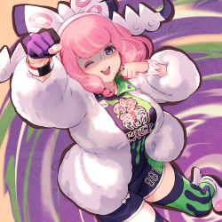 Rule 34 | 1girl, ;d, arm up, bow, breasts, clenched hand, commentary request, creatures (company), drill hair, game freak, gloves, hair bow, hair ornament, highres, jacket, jewelry, klara (pokemon), large breasts, long sleeves, looking at viewer, makeup, mascara, mole, mole under mouth, nintendo, one eye closed, open mouth, pink hair, pokemon, pokemon swsh, ring, shorts, single glove, smile, solo, thighhighs, tukune, twin drills, wristband