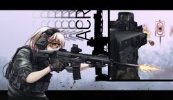 Rule 34 | 1girl, acr (girls&#039; frontline), adaptive combat rifle, ahoge, alternate costume, assault rifle, black gloves, blonde hair, blue eyes, body armor, bulletproof vest, commission, firing, girls&#039; frontline, gloves, gun, haonfest, headset, highres, holding, holding gun, holding weapon, letterboxed, rifle, scope, shell casing, safety glasses, short hair, solo, tactical clothes, weapon