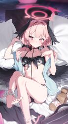 Rule 34 | 1girl, armpits, ass, barefoot, bikini, black bikini, black bow, black wings, blue archive, blush, bow, breasts, collarbone, commentary, cushion, feathered wings, feet, fingernails, floral print, hair bow, halo, head wings, highres, knees up, koharu (blue archive), koharu (swimsuit) (blue archive), looking at viewer, lying, nail polish, navel, official alternate costume, on back, petite, pink eyes, pink hair, pretty mundane, sandals, unworn sandals, small breasts, soles, solo, swimsuit, toes, twintails, underboob, wings
